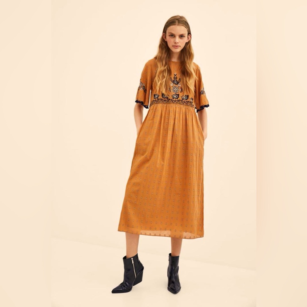 Zara TRF Woman Embroidered Mustard Midi Dress